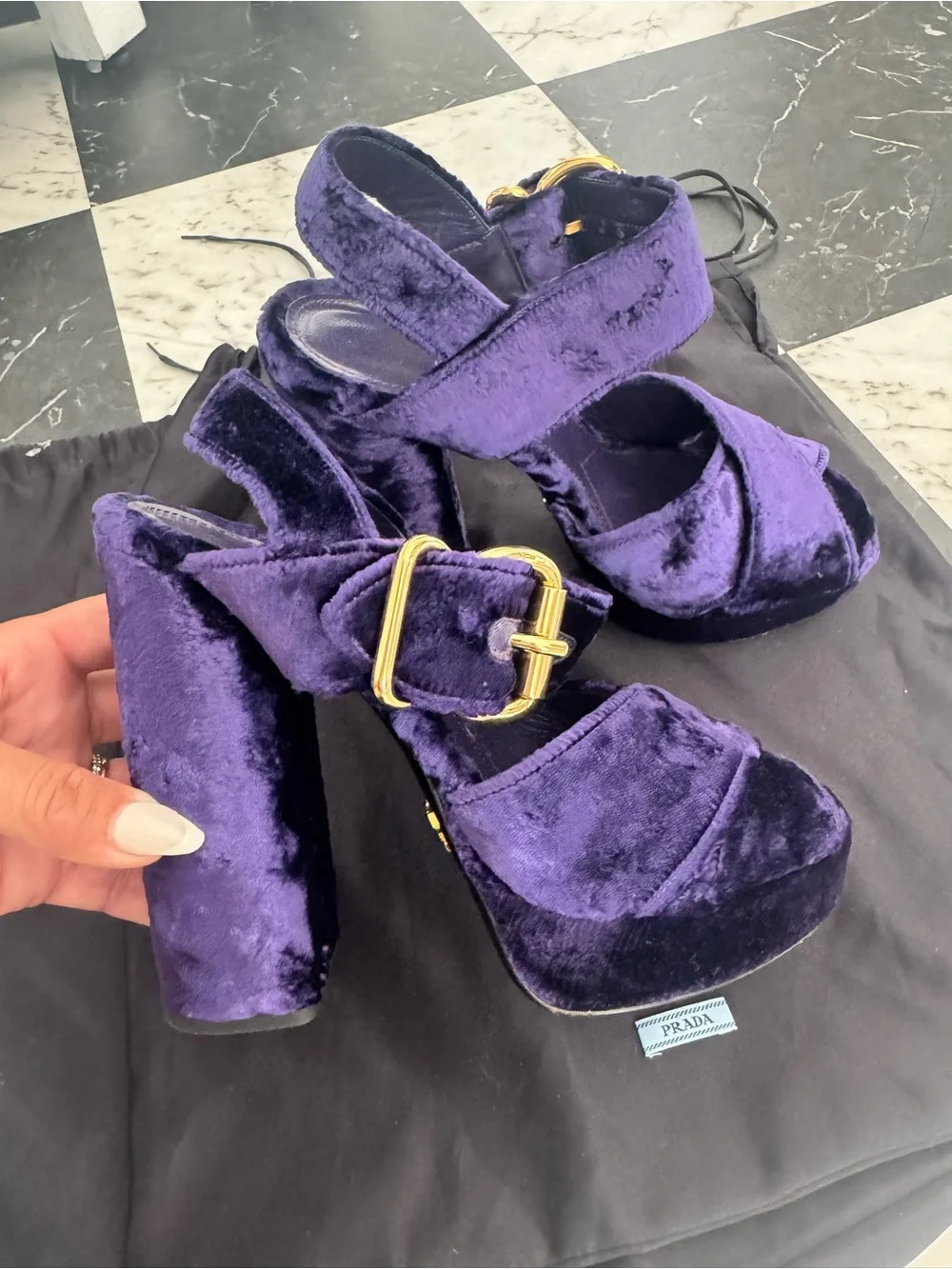Prada Purple Velvet Platform Heels with Gold Buckle
